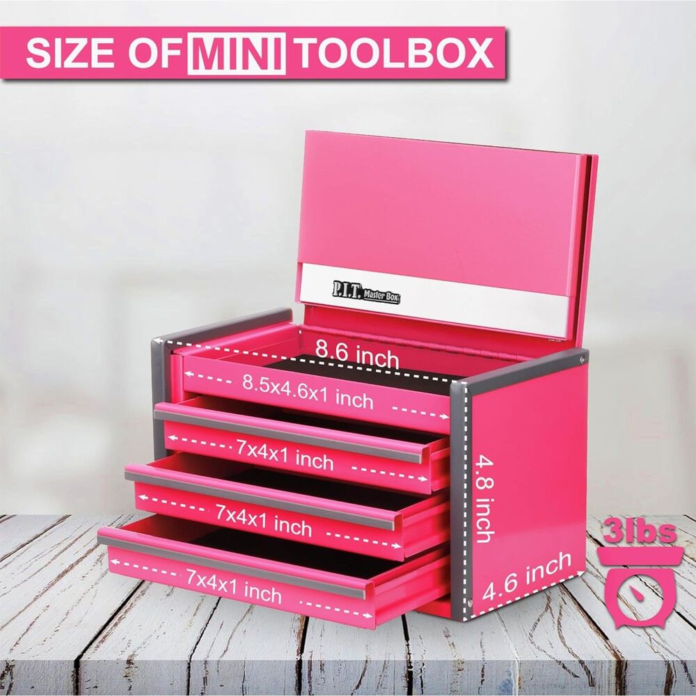 P.I.T. Mini Pink Tool Box 3 Drawer Steel Portable Micro Top Chest Organizer DIY